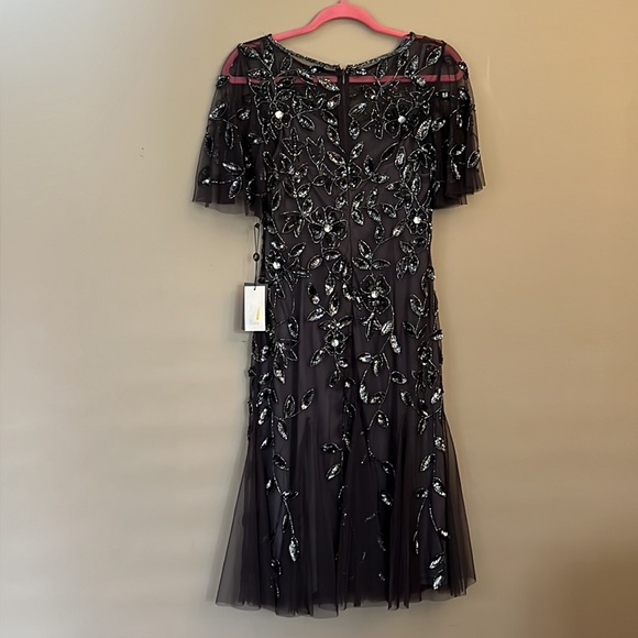 Adrianna Papell Jewel Neck Short Flutter Sleeve Floral Beaded Sheath Midi Dress - Picture 8 of 16